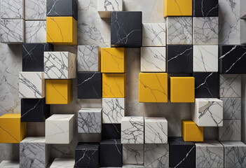 Abstract background of a wall of marble cubes in black, white, and yellow.