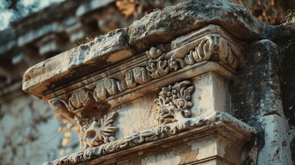 A close-up view of a stone monument with a building in the background. This image can be used to depict historical landmarks or architectural structures
