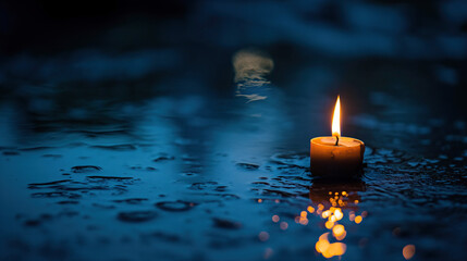 Moody candlelight on a rain-soaked surface under evening light.
