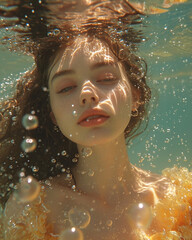 photo shot of a beautiful young woman in romantic dramatic retro analog style, vintage grainy photoshoot with brunette girl with water, holographic bubbles and sparkles with summer vibes