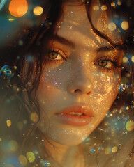photo shot of a beautiful young woman in romantic dramatic retro analog style, vintage grainy photoshoot with brunette girl with water, holographic bubbles and sparkles with summer vibes