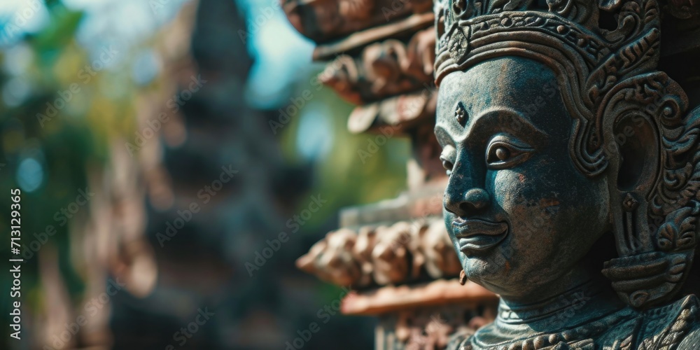 Poster A close-up view of a statue of a person. Can be used as a decorative element or to add an artistic touch to various projects