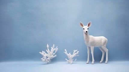 Graceful fawn standing poised against a soft blue backdrop, showcasing its delicate features.