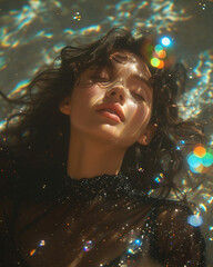photo shot of a beautiful young woman in romantic dramatic retro analog style, vintage grainy photoshoot with brunette girl with water, holographic bubbles and sparkles with summer vibes