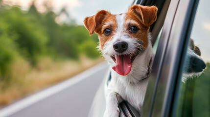 cute happy dog looking out of car window. Dog travel by car enjoying road trip. AI Generative - obrazy, fototapety, plakaty