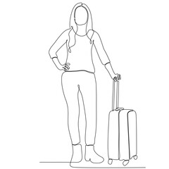 One line drawing of a young woman with a suitcase at the airport. Happy young man arrives from trip. Airport activity concept. Continuous line draw graphic design vector illustration