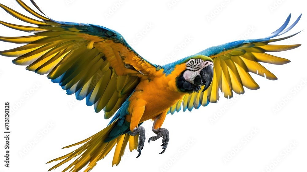 Poster A vibrant blue and yellow parrot soaring through the air. Perfect for adding a touch of color and nature to any project