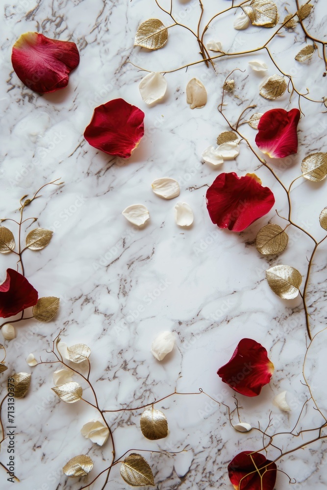 Poster A beautiful arrangement of red and white flowers displayed on a marble table. Perfect for adding a touch of elegance to any space
