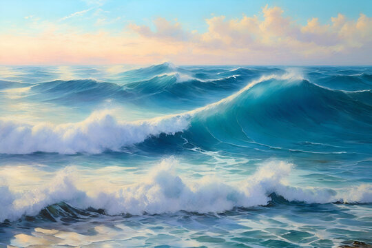 Oil painting Morning on sea wave illustration