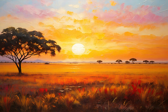 Oil art on canvas of sunset, Spectacular warm light of the sun. Modern impressionism artwork