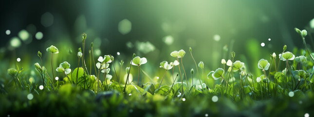 A lush field of clovers with translucent white flowers glistening under the radiant glow of a spring morning - obrazy, fototapety, plakaty