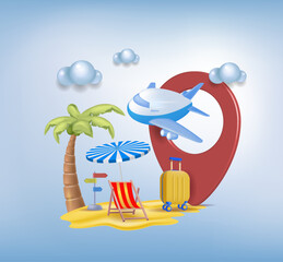 A minimalist cartoon composition.
The concept of travel, tourism, holidays in the tropics,
 the sea, the sun. Free space for copying.
3d vector illustration.
