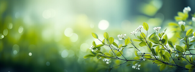 Fototapeta na wymiar Young green leaves and delicate white flowers flourishing on a branch against a radiant, sunlit bokeh background
