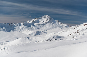 Fototapeta na wymiar Snow covered mountains, Elbrus ski resort. 