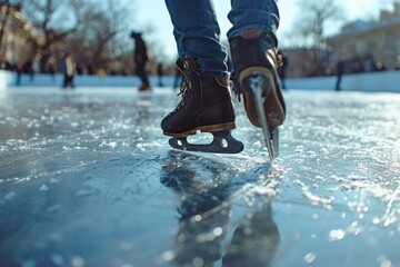 A person riding a skateboard on a frozen surface. Can be used to depict winter sports and activities