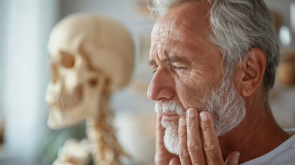 Elderly man with jaw pain next to human skull model - obrazy, fototapety, plakaty
