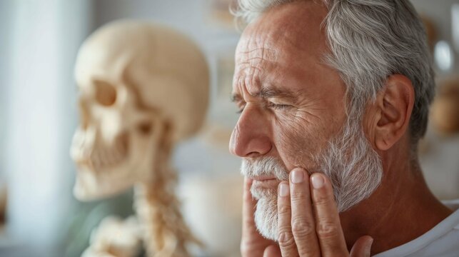 Elderly man with jaw pain next to human skull model