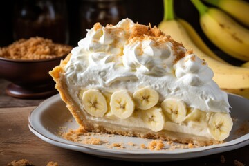 slice banana cream pie closeup. Classic American dessert recipe.