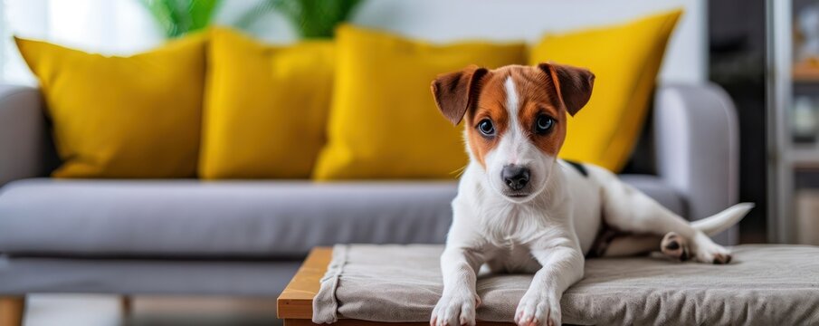 Photo of a cute puppy sitting on a coffee table in an apartment living room