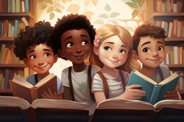 diverse kids at school library with books. Inclusive education system. Schoolchildren trendy  flat  illustration.