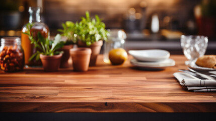 Obraz na płótnie Canvas Wooden kitchen home table bokeh background, empty wood desk tabletop food counter surface product display mockup with blurry cafe abstract backdrop advertising presentation. Mock up, copy space.