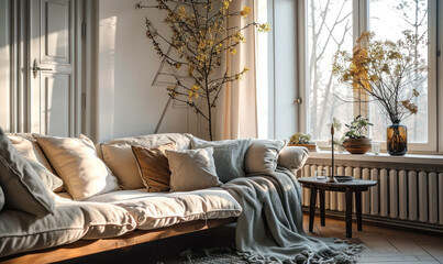 Cozy Modern Living Room with Comfortable Sofa, Soft Cushions, Elegant Throw, Wooden Side Table and Dried Flowers in Bright Daylight