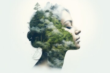 double exposure candid photo of a beautiful woman head and face  closeup in harmony with nature and green plants and flowers. Summer. Environment, global warming, climate change, no planet b concept.