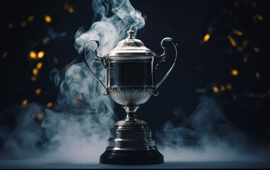 Elegant Silver Trophy Cup Shrouded in Mysterious Smoke, Symbolizing Achievement and Success on a Dark Moody Background