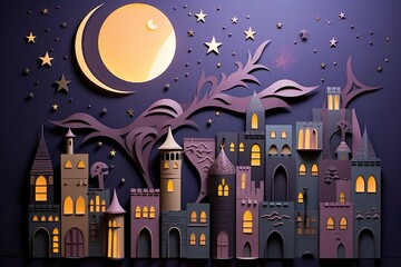 Paper quilling City night Landscape, purple Town Scene, Paper Art,  Wallpaper Background, AI generated