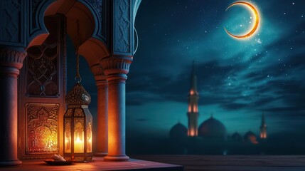 Ramadan kareem islamic greeting background with lantern on podium, mosque and crescent moon - obrazy, fototapety, plakaty