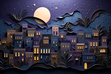 Paper quilling City night Landscape, purple Town Scene, Paper Art,  Wallpaper Background, AI generated - obrazy, fototapety, plakaty