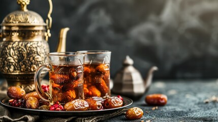 Ramadan food and drinks concept. Ramadan tea and dates fruits on dark background. - obrazy, fototapety, plakaty