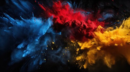 red, blue and yellow holi powder explosion on black, Hindu spring festival