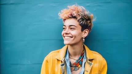 Smiling non-binary young woman with a confident and positive attitude, embracing her unique identity and style - obrazy, fototapety, plakaty