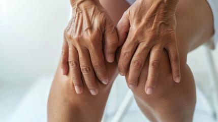 Knee pain. Woman with hands on her knees.