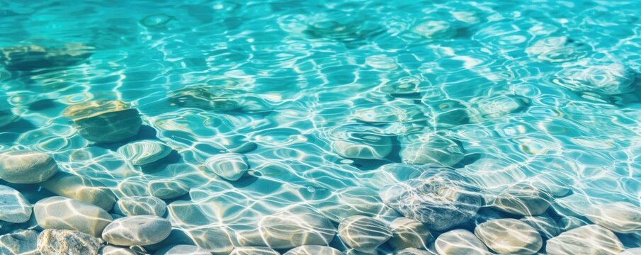 Abstract image of the sea water ripples over the stone pebbles. white stones with sun lights shadow in turquoise ripple water. Summer banner