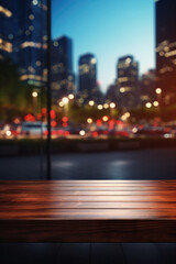 Fototapeta premium Wooden table bokeh city view background, empty wood desk tabletop counter surface product display mockup with blurry cityscape lights abstract backdrop presentation. Mock up, copy space.
