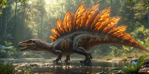 Primeval Encounter: A Spinosaurus Roams the Lush Forest Wilderness, Generative AI