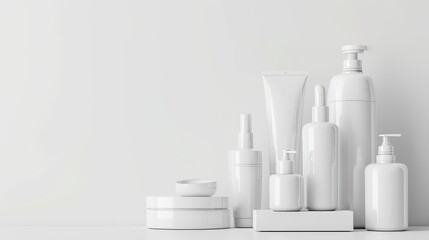 White cosmetic bottles isolated on white background, 3d render - obrazy, fototapety, plakaty