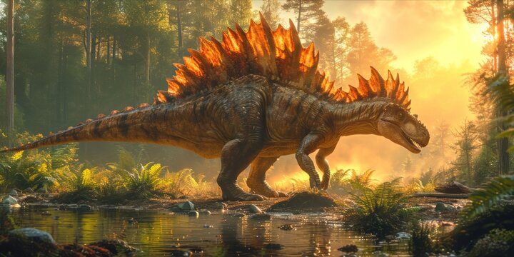 Primeval Encounter: A Spinosaurus Roams the Lush Forest Wilderness, Generative AI
