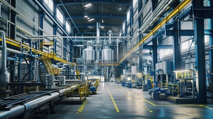 The scene portrays an industrial factory interior featuring state-of-the-art machinery, advanced equipment, conveyor belts, and sturdy steel structures. - obrazy, fototapety, plakaty