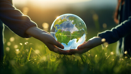  hand is holding a globe with the concept of my green earth