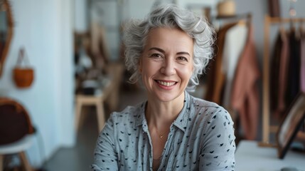 Inspired mature grey-haired woman fashion designer thinking on new creative ideas at workplace. Smiling beautiful elegant classy middle aged older lady small business owner dreaming in atelier studio. - obrazy, fototapety, plakaty