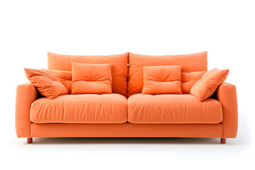 soft empty peach-colored sofa stands on white isolated background, comfortable fabric couch is alone against the background of white wall, copy space