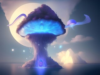 Abstract Conceptual Island with Purple Neon Hanging Vines with Clouds on The Ocean with Ice Valley Illustration