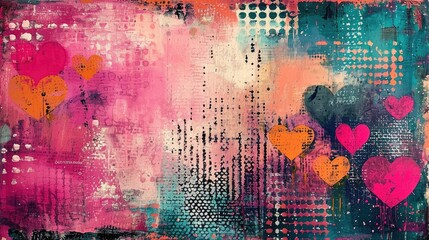 Generative AI, vintage grunge colorful and pink collage background with hearts. Valentine's Day concept. Different textures and shapes
 - obrazy, fototapety, plakaty