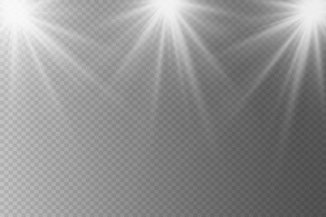 Flash light effect. The light flashes with beams and spotlight. The white highlight flickers. On a transparent background.