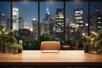Fototapeta na wymiar Wooden table corporate office bokeh background, empty wood desk surface product display mockup with blurry abstract business city view work backdrop advertising presentation. Mock up, copy space.