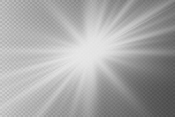 Flash light effect. White light rays and glare of a star. On a transparent background.