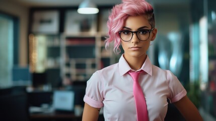 Portrait of young transgender transfeminine businesswoman standing in business office - obrazy, fototapety, plakaty